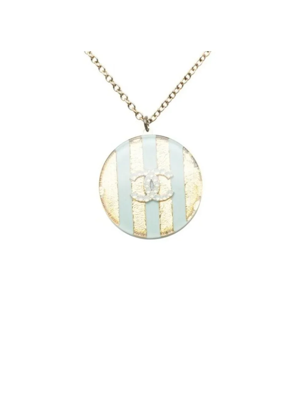 Chanel CC Logo Icon Border Necklace Gold Blue Plated Resin